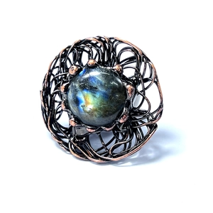 Handcrafted adjustable wire wrapped nest ring with natural labradorite in antique bronze