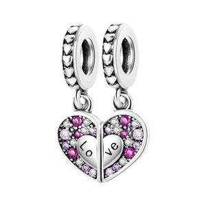 Silver-plated heart-shaped pendant charms with Love engraving and pink zircons set in pair