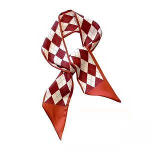 Red and white argyle double-layer satin skinny scarf for women neck tie accessory