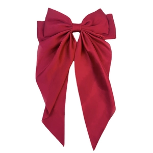Elegant red satin bow hair clip with long ribbon streamers for hair accessories