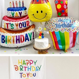 Three-layer cake foil balloon and birthday party backdrop set with smiley face decor