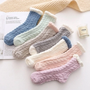 Thick coral fleece thermal socks in multi-colors with white faux fur cuffs for winter
