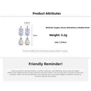 Detailed specs of pearl drop earrings with leaf-shaped zircons and dimensions