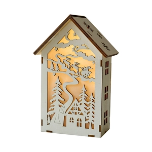 Luminous wooden Christmas house decoration with laser-cut reindeer and warm LED lighting