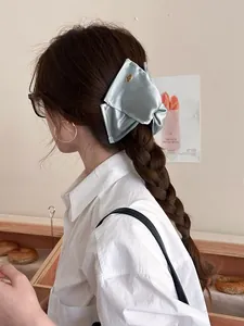 Gros plan d'une grande pince à cheveux nœud en soie bleu clair avec logo doré sur tresse
