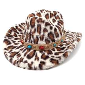 Detailed close-up of leopard print plush cowboy hat with turquoise beaded band decor