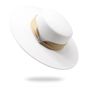 Elegant white wool felt flat top hat with gold ribbon and crystal buckle for women