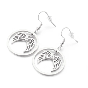Silver hollow circle angel wings earrings with small rhinestone on white background