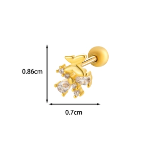 Detailed view of gold butterfly cartilage stud earring with cubic zirconia and dimensions
