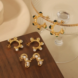 C-Shaped Hoop Earrings Stainless Steel 18K Gold Plated With Imitation Artificial Pearl And Green Gemstone Vintage Lava Texture Women Jewelry