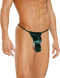 Detail of green velvet crocodile novelty thong for men with googly eyes and teeth