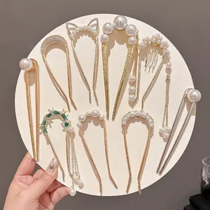 Set d'épingles à cheveux en U avec glands papillon, perles et motifs bambou dorés
