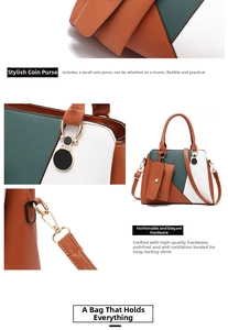 Detail view of contrast color handbag showing gold hardware and stitching quality
