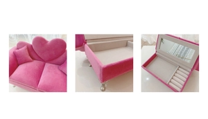 Pink velvet heart sofa jewelry box with silver legs, internal ring slots and mirror