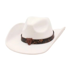 White felt cowboy hat with leopard print band and bronze leopard head buckle
