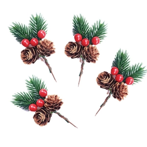 Set of 4 artificial pine needle picks with red berries and pinecones for Christmas decor