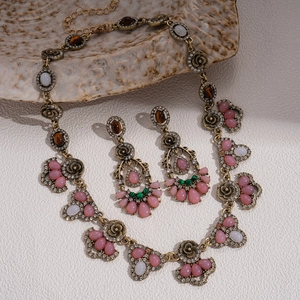 Vintage gold jewelry set with colorful resin flowers and crystals for women