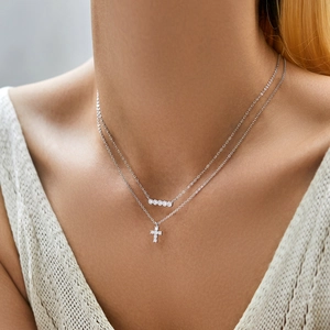 Double-layered S925 sterling silver necklace with cross pendant and moissanite stones