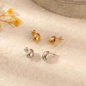 Retro stainless steel bean stud earrings in gold and silver finish for women