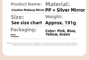 Detailed specs of cloud makeup mirror with adjustable PP frame and silver glass material