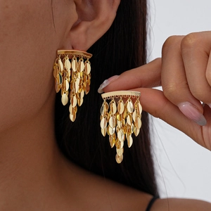Leaf Tassel Drop Earrings With 925 Sterling Silver Earring Post Copper Metal Retro Elegant Jewelry For Women