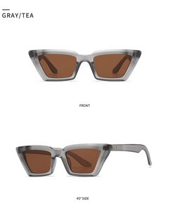 Detailansicht der grauen Cat-Eye-Sonnenbrille mit dekorativen Leoparden-Bügeln