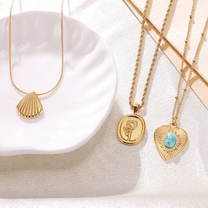 Vintage gold plated titanium steel necklaces with shell, floral and heart stone pendants