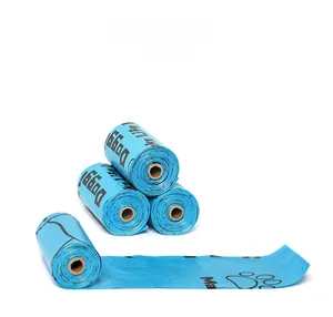 Macro view of blue biodegradable dog waste bags with Paw print and Doggy Life logo