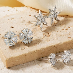 Elegant Copper Zirconia Stud Earrings For Women Shiny Floral Snowflake Star Shape Jewelry For Daily Party Wedding Gift