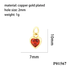 Copper gold plated heart charm with red zircon, measuring 10mm by 7mm with 2mm hole