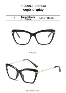 Detail view of cat eye glasses with black faceted frame and gold metal temples
