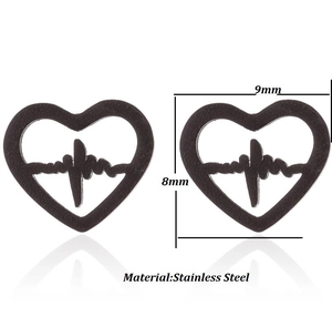 Detail view of 9x8mm black stainless steel heart studs with heartbeat texture