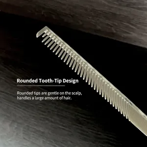 Translucent beige professional barber comb with scale and rounded teeth on wood background