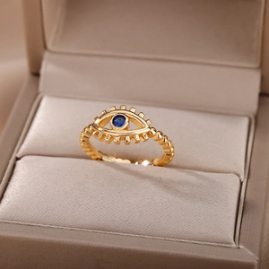 Detailed view of gold Evil Eye ring with blue zircon inlay and beaded band texture