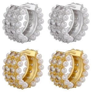 Double Row Faux Artificial Pearl Zircon Huggie Earrings Brass 18K Gold Plated Elegant Luxury Hoop Jewelry For Women