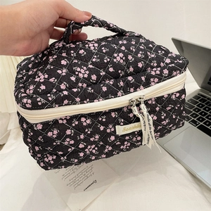 Hand holding a black quilted cosmetic bag with pink floral patterns and a top handle