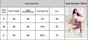 Tableau des tailles détaillé pour leggings de yoga tie-dye avec mesures S, M, L