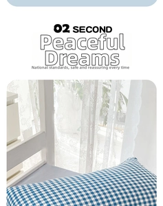 Detail view of a blue and white checkered cotton pillowcase in a cozy bedroom setting
