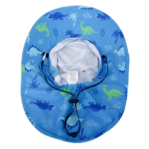 Detail of blue dinosaur print kids sun hat with neck flap and adjustable chin strap