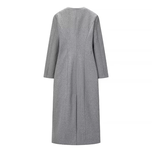 Rear view of a classic grey double-breasted long wool coat with buttoned cuffs and back slit