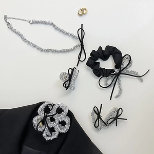 Elegant Black Bow Hair Clip Scrunchies And Bead Choker Necklace Set Rhinestone Alloy Hair Accessories For Women Party Jewelry