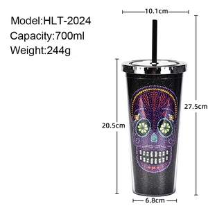 700ml double-layer skull plastic straw cup with colorful rhinestones and size dimensions
