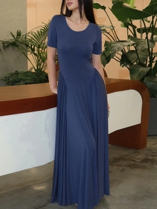 Navy blue short sleeve U-neck maxi dress with elegant ruched details and a slim fit