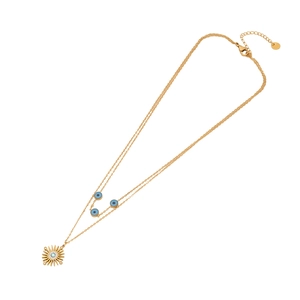 Double-layer gold stainless steel necklace with sun pendant and evil eye charms
