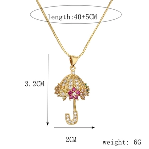 Detailed size specifications for gold umbrella pendant necklace with colorful zircon