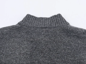 Detail of the high-quality ribbed knit neckline on the heather grey textured sweater