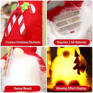 Luminous Christmas Gnome with LED lights and candy cane, festive holiday tabletop decoration