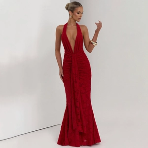 Detail of red lace deep V-neck backless evening gown with pleated lace texture