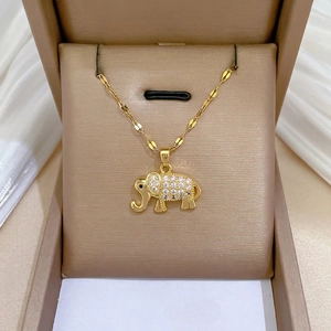 Elephant Pendant Necklace Gold Plated Stainless Steel Chain Copper Micro Pavé Cubic Zirconia Sparkling Jewelry For Women