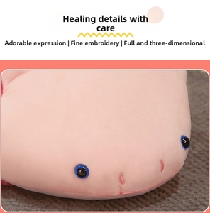 Macro shot of pink axolotl plush showing cute expressions and delicate embroidery detail